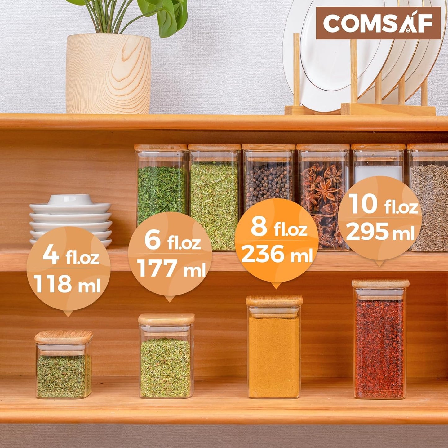 ComSaf 12Pcs Glass Spice Jars with Bamboo Lid, 8oz Airtight Square Containers with 275 Black