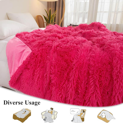 XeGe Luxury Faux Fur Blanket, Hot Pink Soft Big Fluffy Throw, Shaggy Plush Decorative Couch Throw