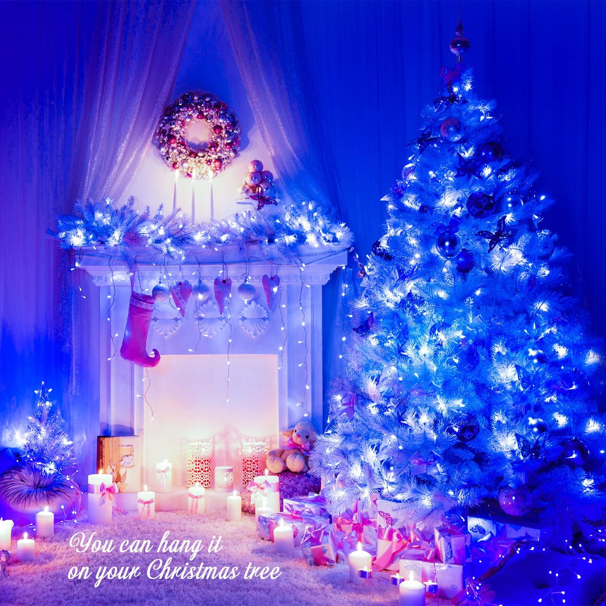 JMEXSUSS Connectable 100 LED Blue Christmas Lights Clear Wire, 8 Modes Blue Christmas Tree Lights