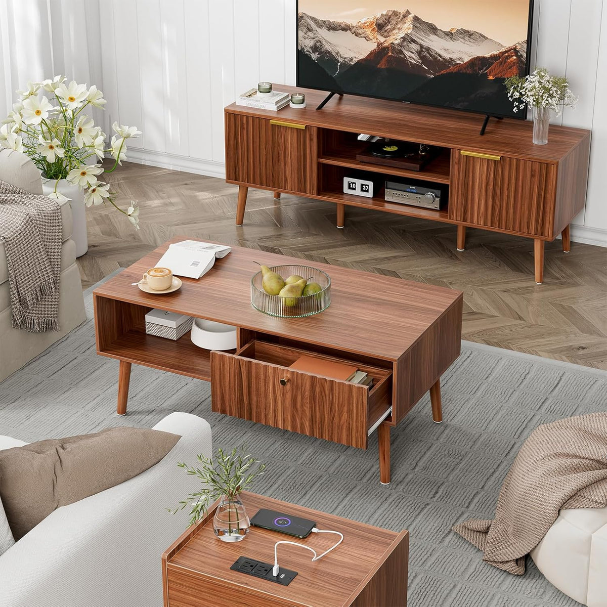 Coffee Table with Storage, Mid Century Dining Table with Fluted Drawer and Solid Wood Legs, Small