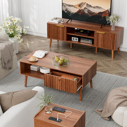 Coffee Table with Storage, Mid Century Dining Table with Fluted Drawer and Solid Wood Legs, Small