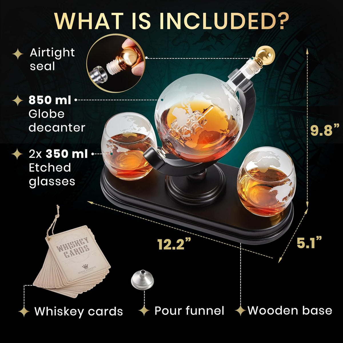 Globe Whiskey Decanter Gift Set by Royal Reserve | Etched World Map Globe Decanter 29 oz 850 ml
