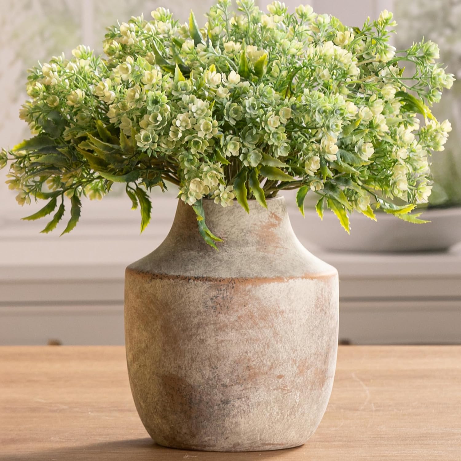 Mitt&Ditt Ceramic Flower Vase, 7.5 inch Off-White Farmhouse Rustic Vase, Handcrafted Weathered