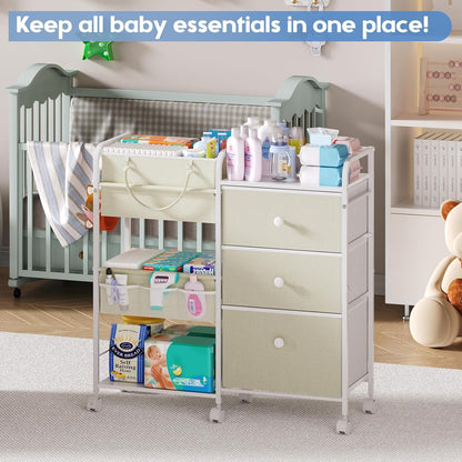 2In1 Baby Diaper Caddy Organizers and Storage, 3 Tier Rolling Cart with Dividers and Drawers