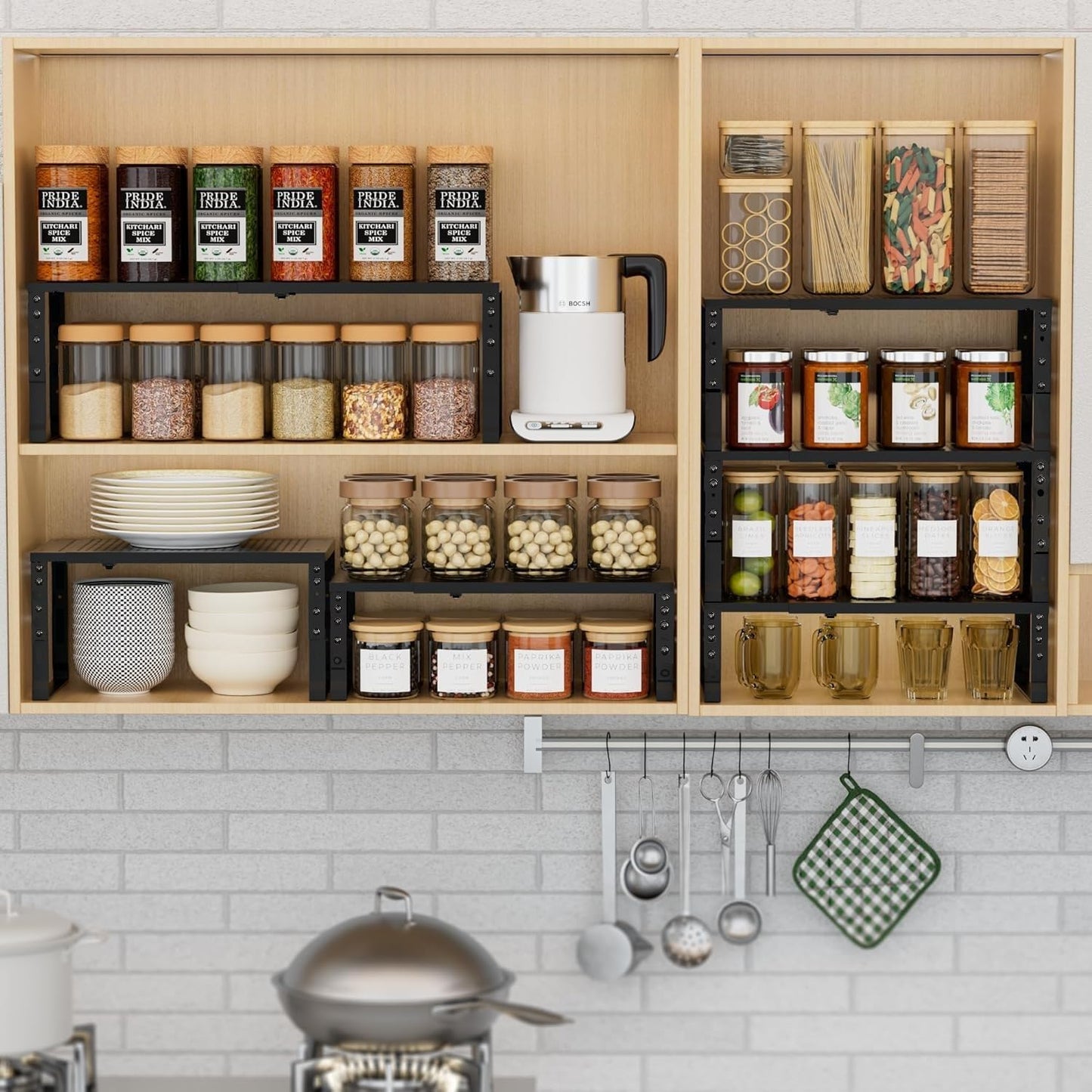 Expandable Spice Rack Kitchen Cabinet Shelf Organizer, Stackable Storage Shelves Racks, Adjustable