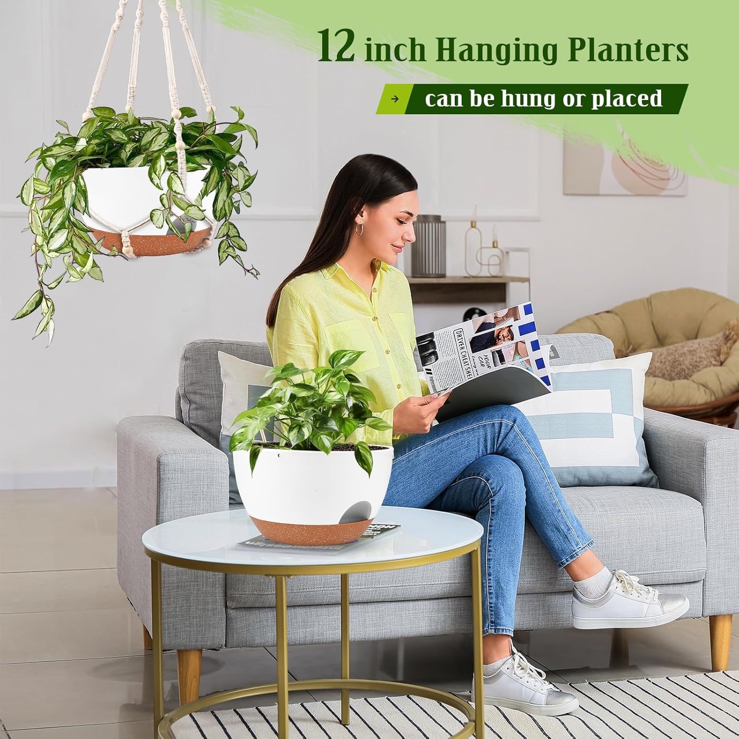 Hanging Planters for Outdoor Indoor Plants, 2 Pack 12 Inch Hanging Basket Plants Outdoor, Self