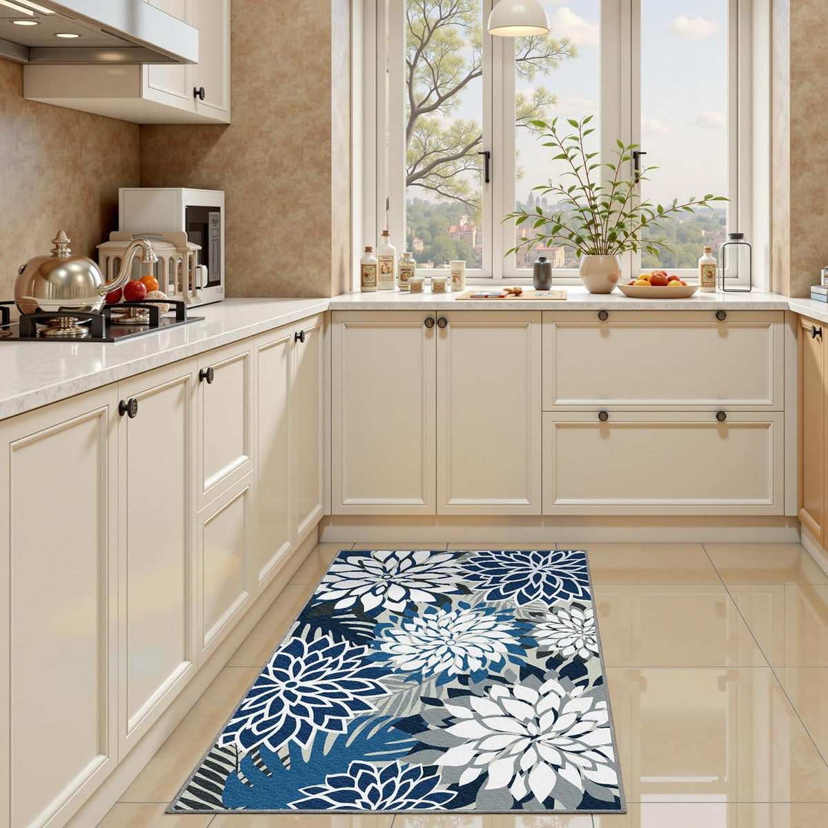 Area Rug 2x3 Blue White Washable Entry Small Rug Multicolored Tropical Botanical Modern Floral