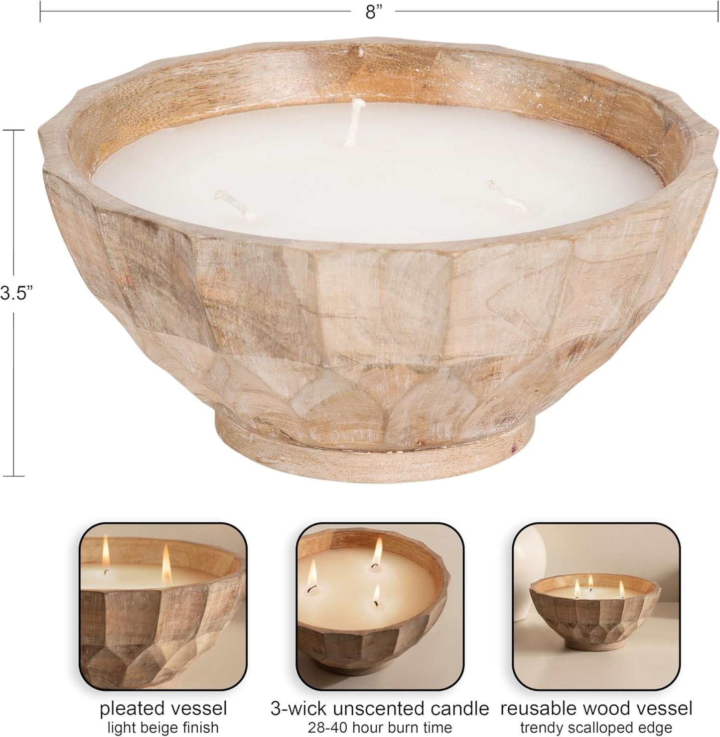 Kate and Laurel Plete Round Pleated Wood Candle Bowl, 8 Inch Diameter, Light Natural, Modern