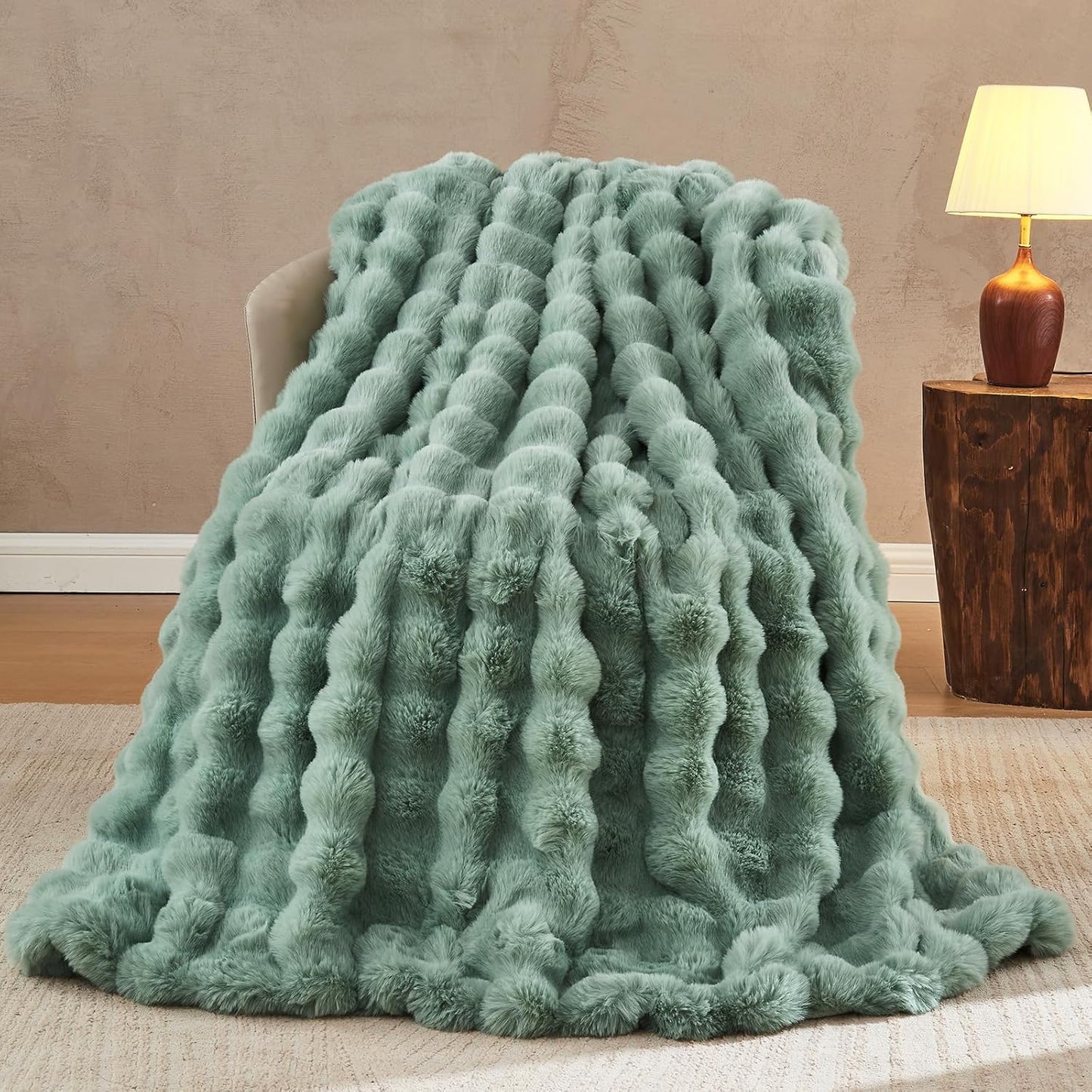 Lotus Karen Faux Fur Throw Blanket Sage Green - Big Bubble Rabbit Fluff Blanket for Couch Bed