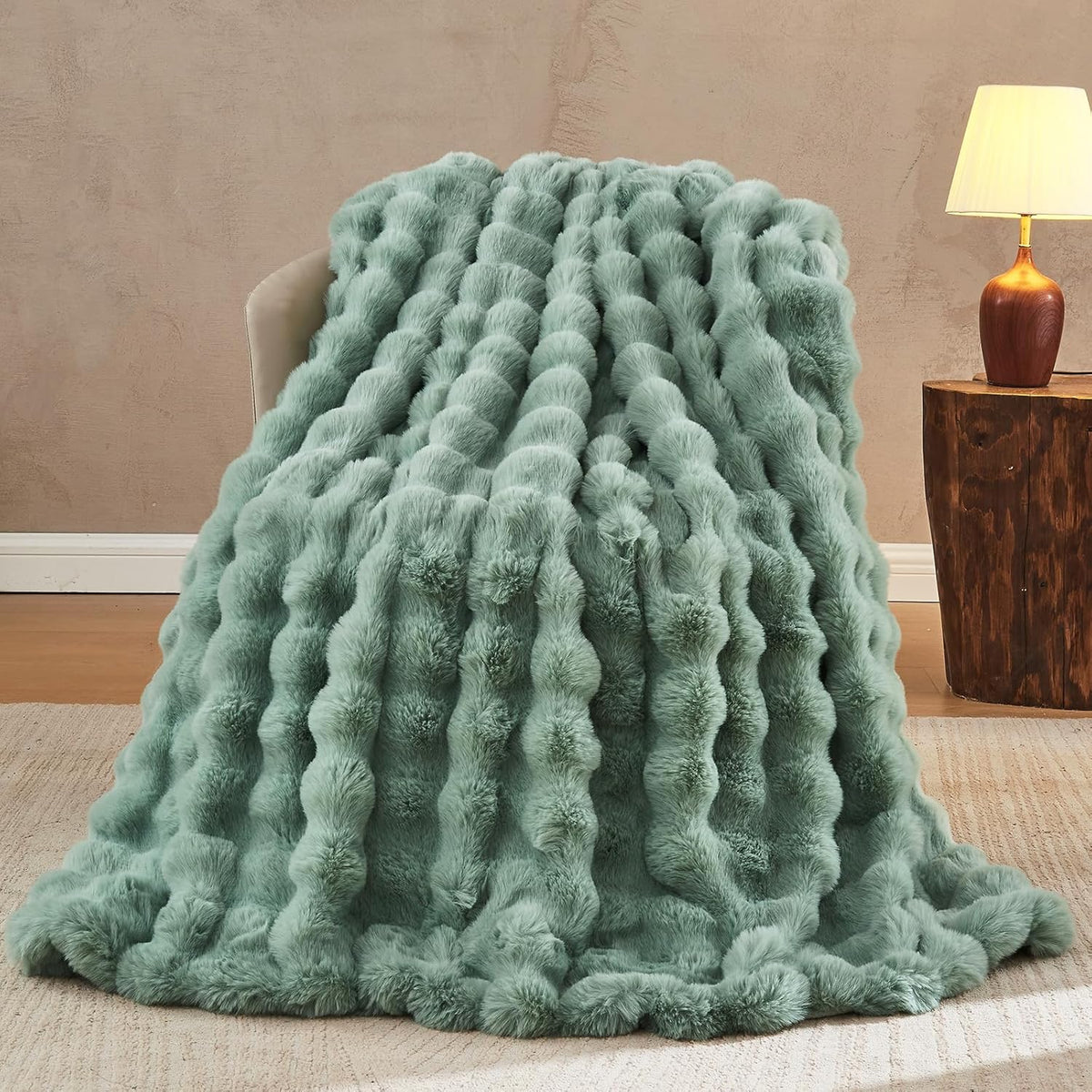 Lotus Karen Faux Fur Throw Blanket Sage Green - Big Bubble Rabbit Fluff Blanket for Couch Bed