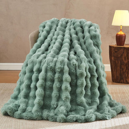 Lotus Karen Faux Fur Throw Blanket Sage Green - Big Bubble Rabbit Fluff Blanket for Couch Bed