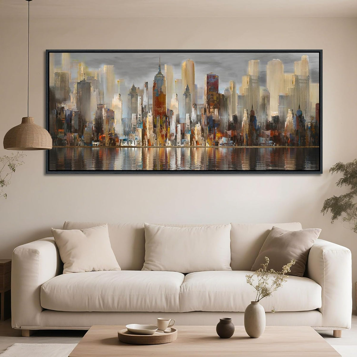 Framed Large Cityscape New York Wall Art Canvas Prints Abstract Brown City Theme Paintings Modern