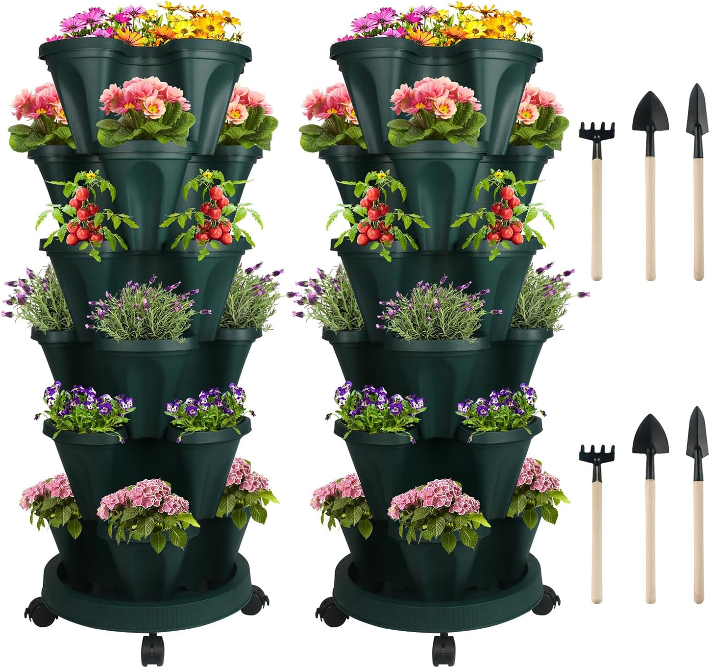 DUNCHATY Stackable Planter, Vertical Garden Planter with Wheels and Tools, Self Watering Strawberry