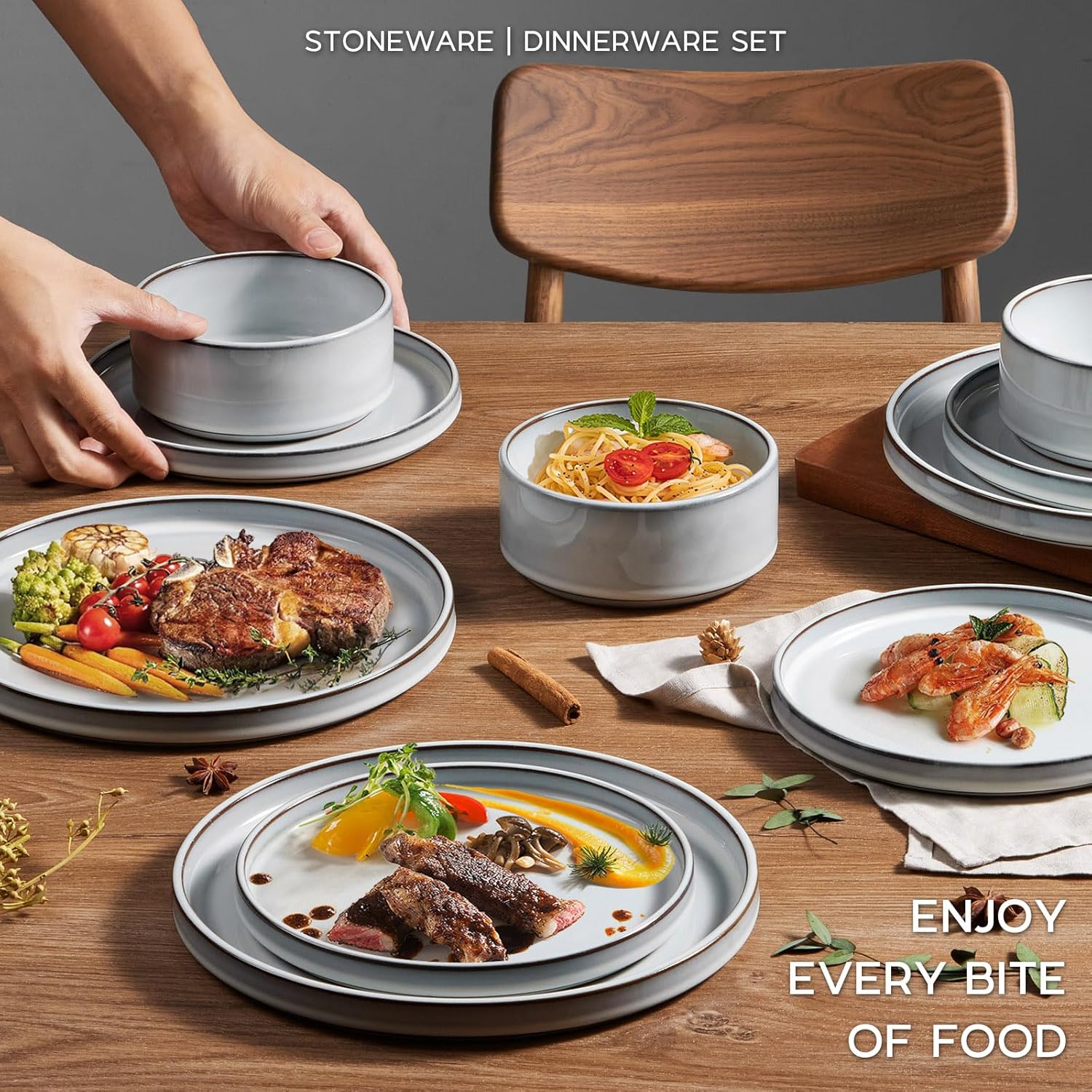 Onader Dinnerware Dishes Sets for 8, Stoneware Plates and Bowls with Unglazed Terracotta Bottom