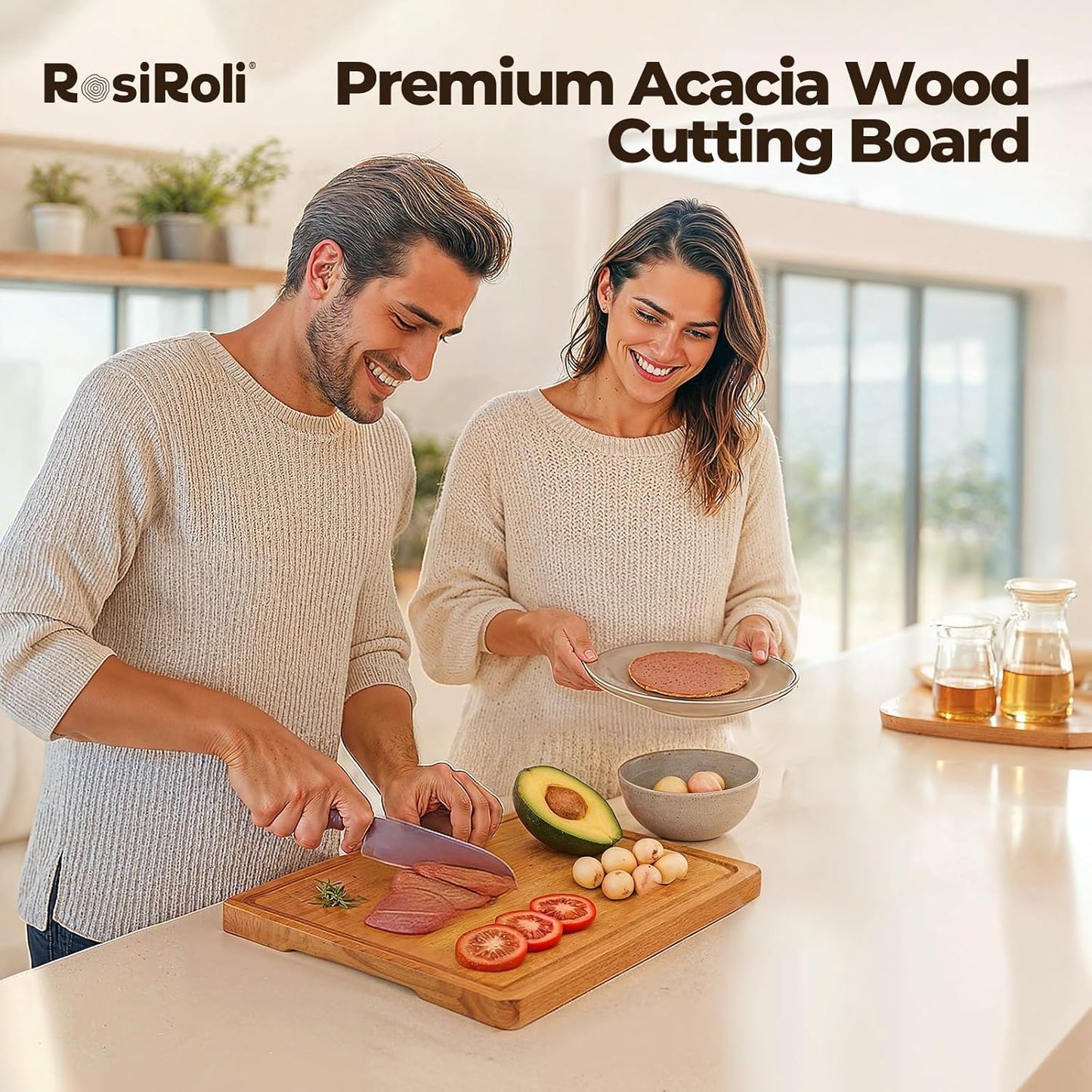 Acacia Wood Cutting Board for Kitchen - 0.8 inch Thick Wood Charcuterie Cheese Board with Side