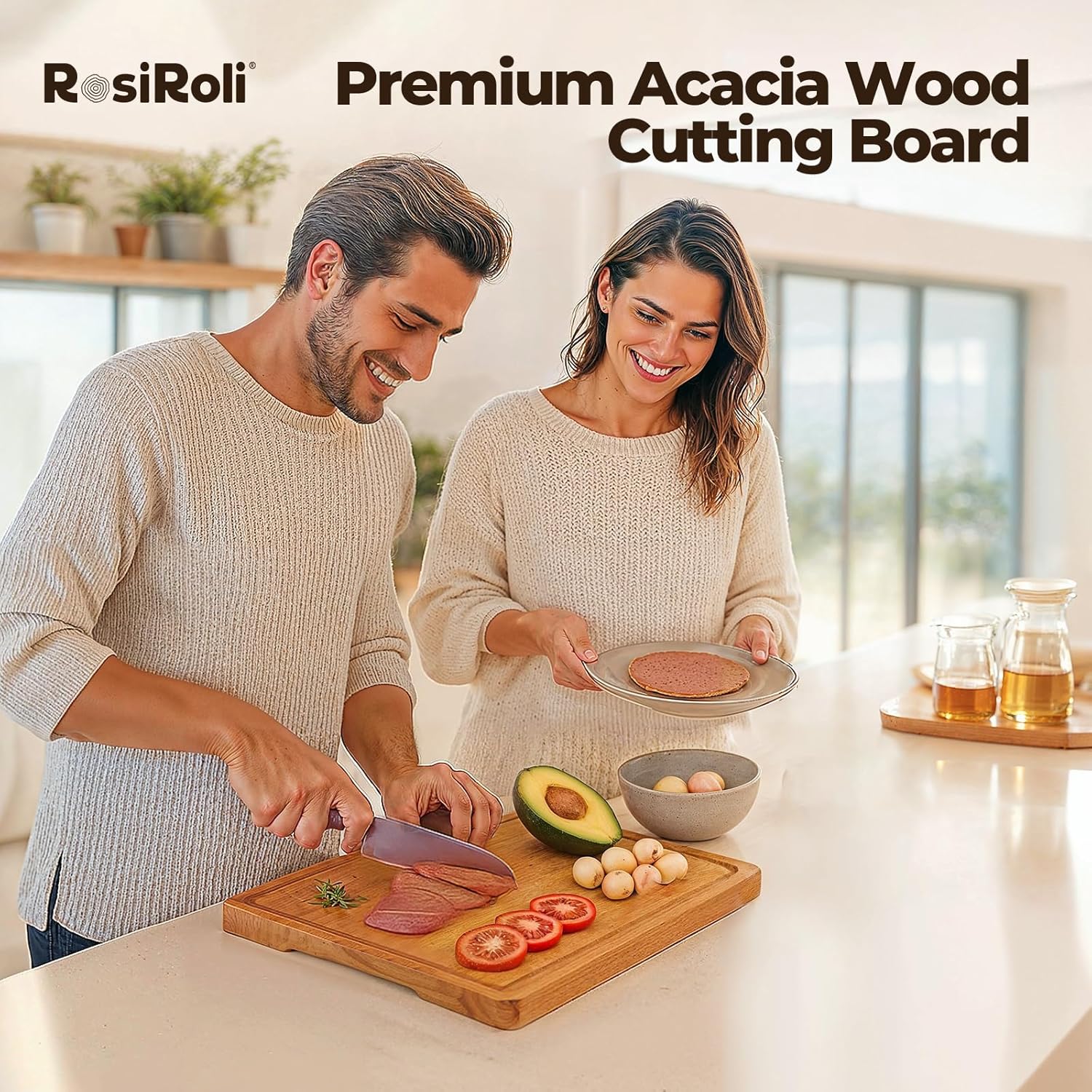 Acacia Wood Cutting Board for Kitchen - 0.8 inch Thick Wood Charcuterie Cheese Board with Side