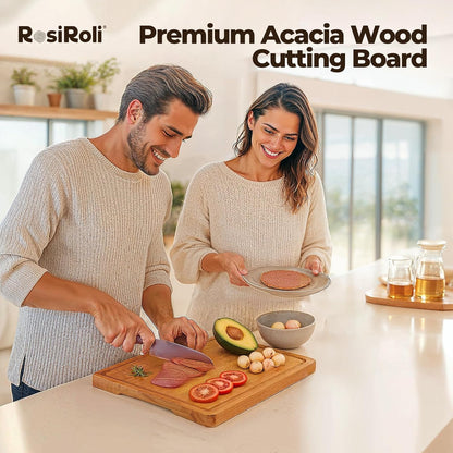 Acacia Wood Cutting Board for Kitchen - 0.8 inch Thick Wood Charcuterie Cheese Board with Side