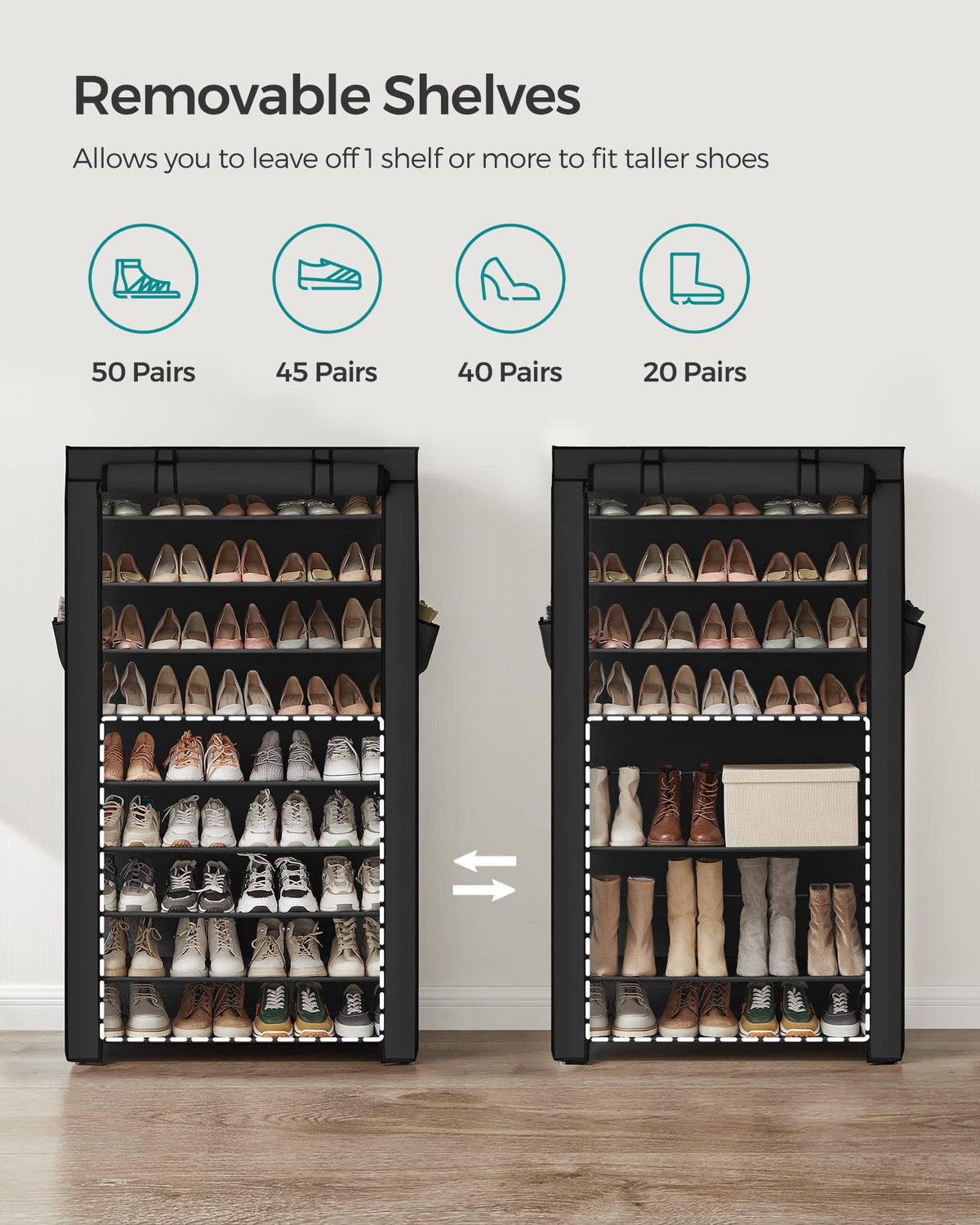 SONGMICS 10-Tier Shoe Rack, Shoe Storage Cabinet with Dustproof Cover, Free-Standing Shoe Storage
