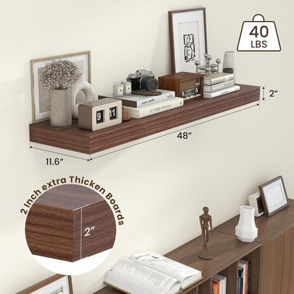 12 Inch Deep Floating Shelves, 48W x 12D Rustic Large Floating Shelves, Deep Walnut Wood Wall