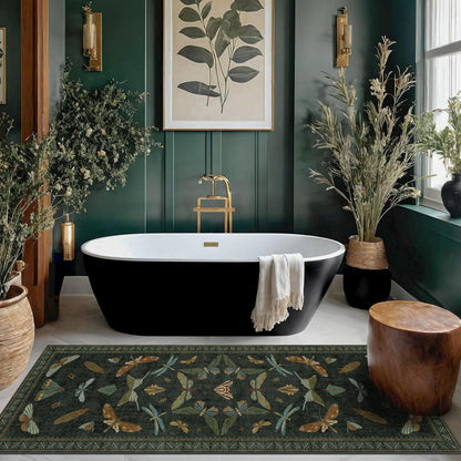 2x6 Entryway Runner Rug - Dark Green Kitchen Runners, Insect Floral Indoor Floor Décor, Washable