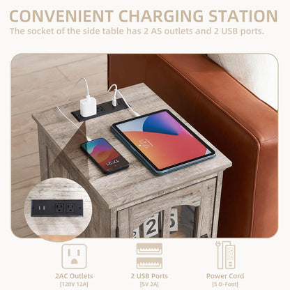 Narrow Side Table,Farmhouse Nightstand with Charging Station,Wood End Table with Glass Barn Door