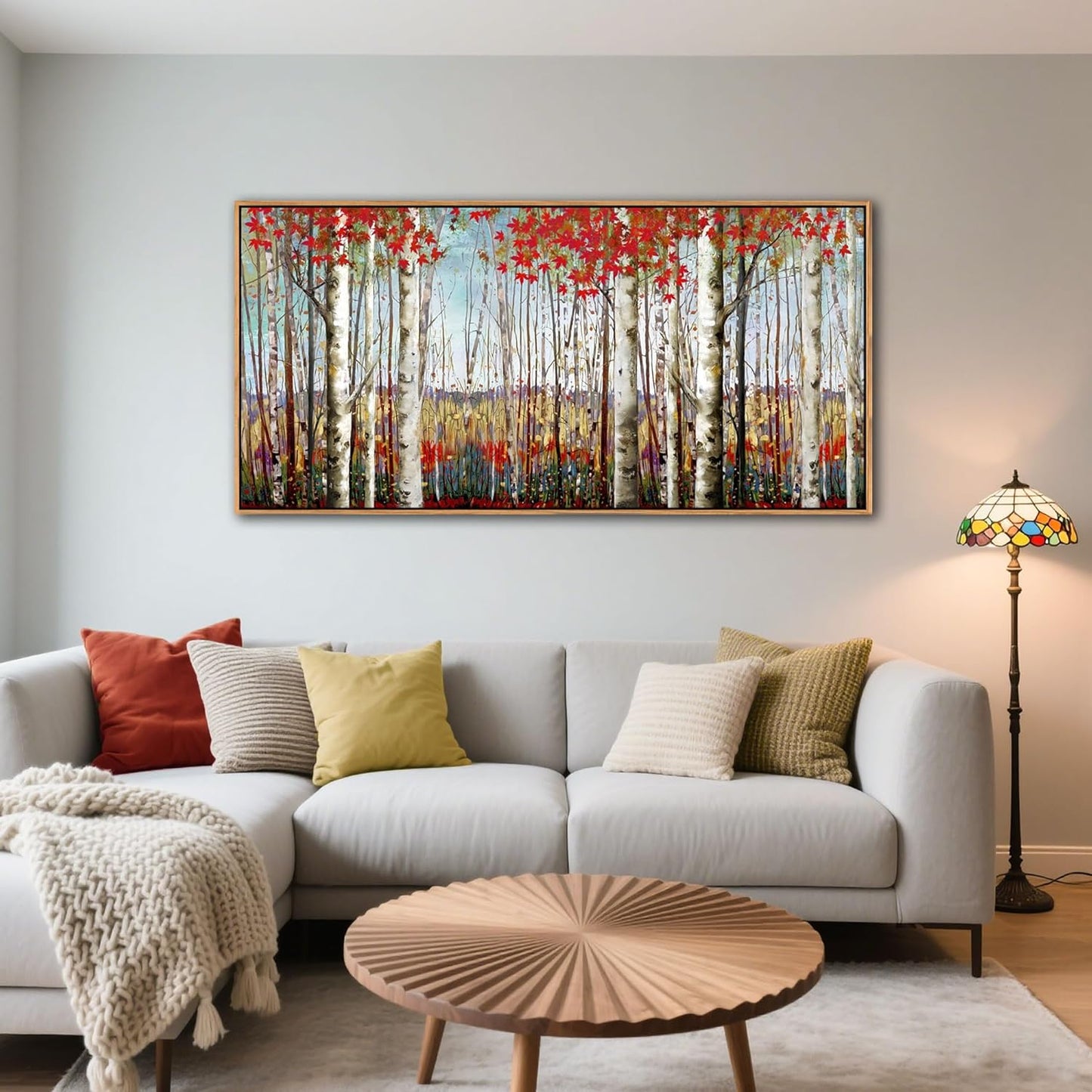 Large Framed Wall Art for Living Room Birch Tree Wall Decor Red Forest Painting Artwork Wall