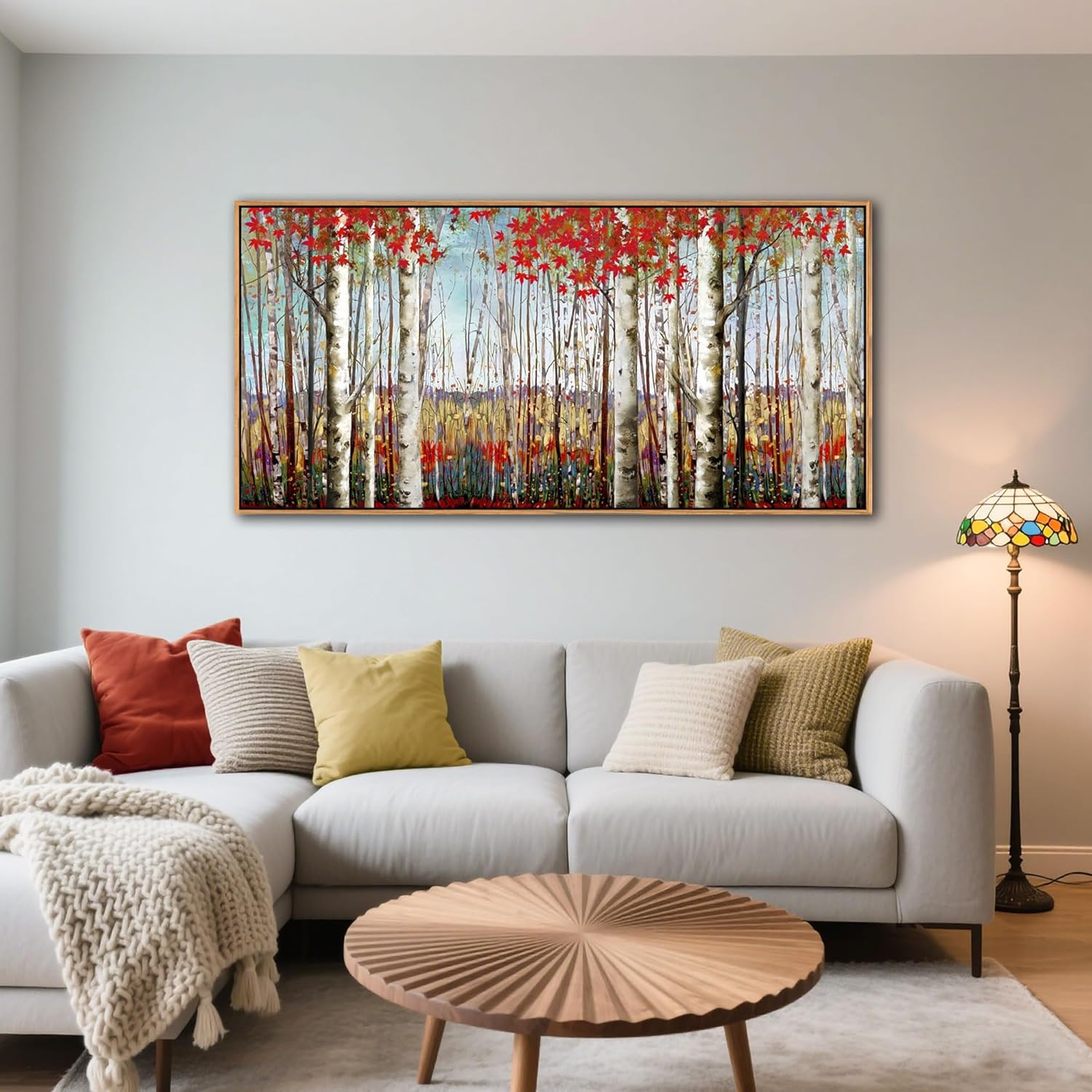 Large Framed Wall Art for Living Room Birch Tree Wall Decor Red Forest Painting Artwork Wall