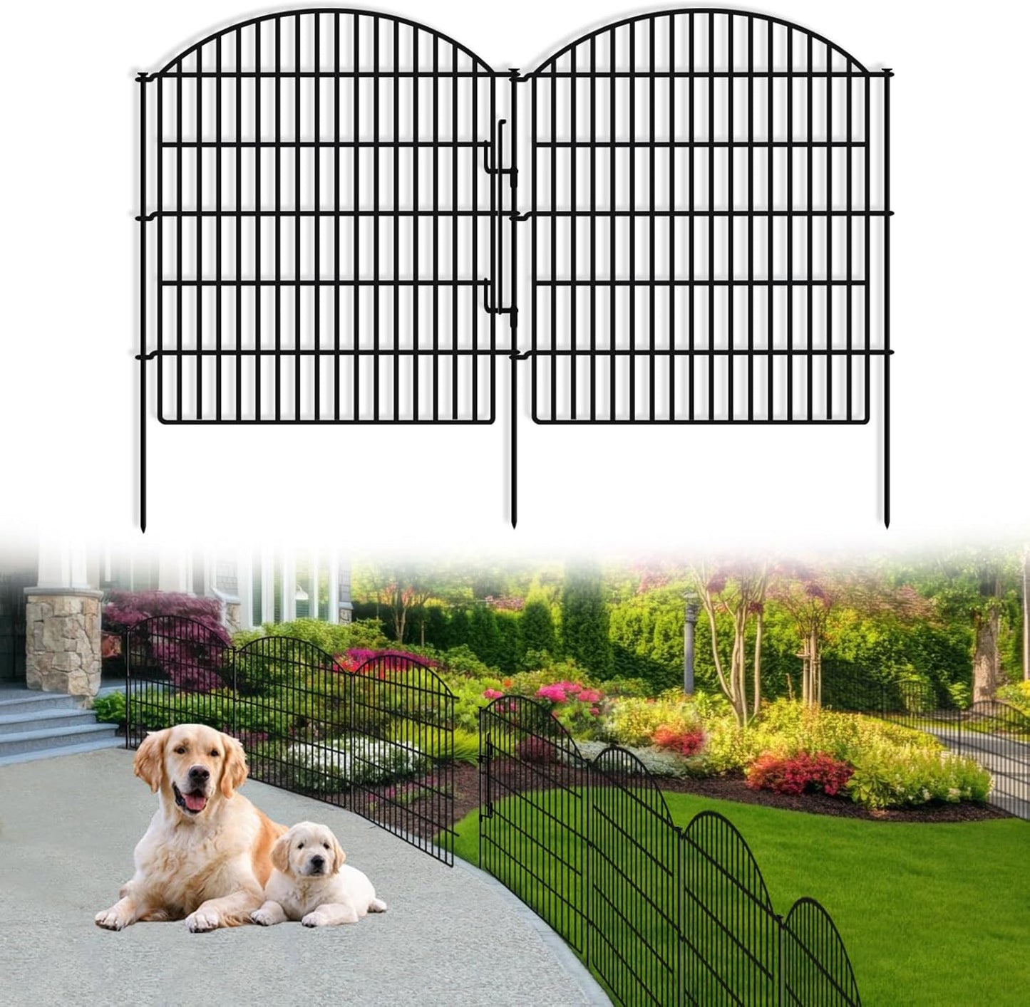 16 Panels Decorative Garden Fence with Lock, 33in (H) x 38.67ft (L) No Dig Dog Animal Barrier for
