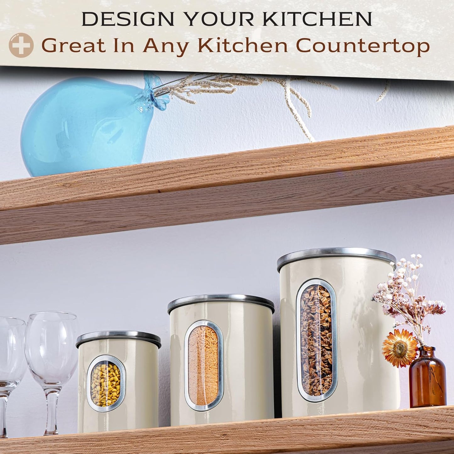Moss & Stone 3-Piece Beige Canisters Sets For The Kitchen, Airtight Canister Set With See Through