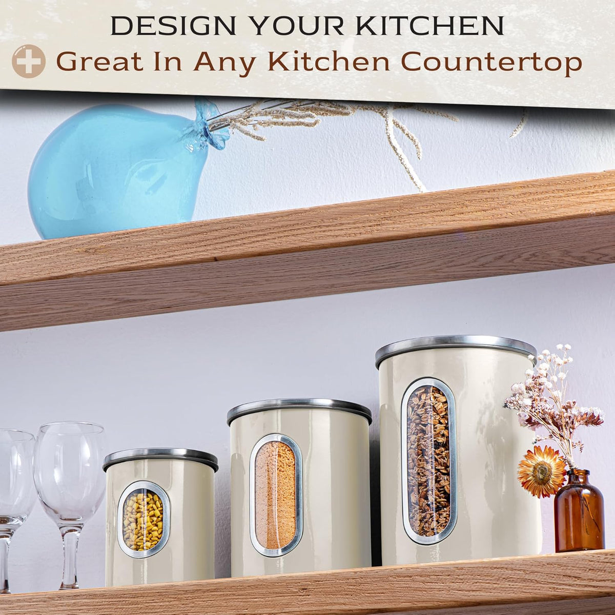Moss & Stone 3-Piece Beige Canisters Sets For The Kitchen, Airtight Canister Set With See Through