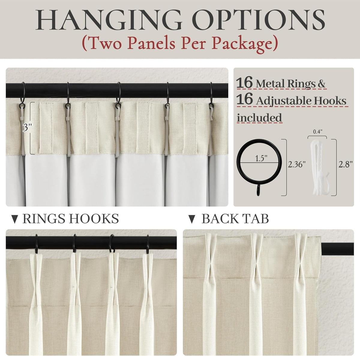 Pinch Pleat Cream Linen 102 Inch Long Curtains for Dining Room 2 Panels Set, Neutral Blackout Viral