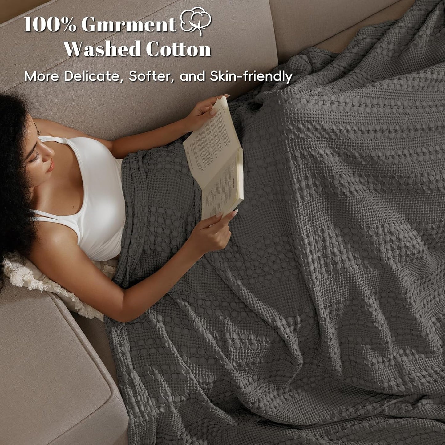 PHF 100% Cotton Waffle Weave Blanket Twin Size, Soft Lightweight Breathable Cozy Summer Blankets