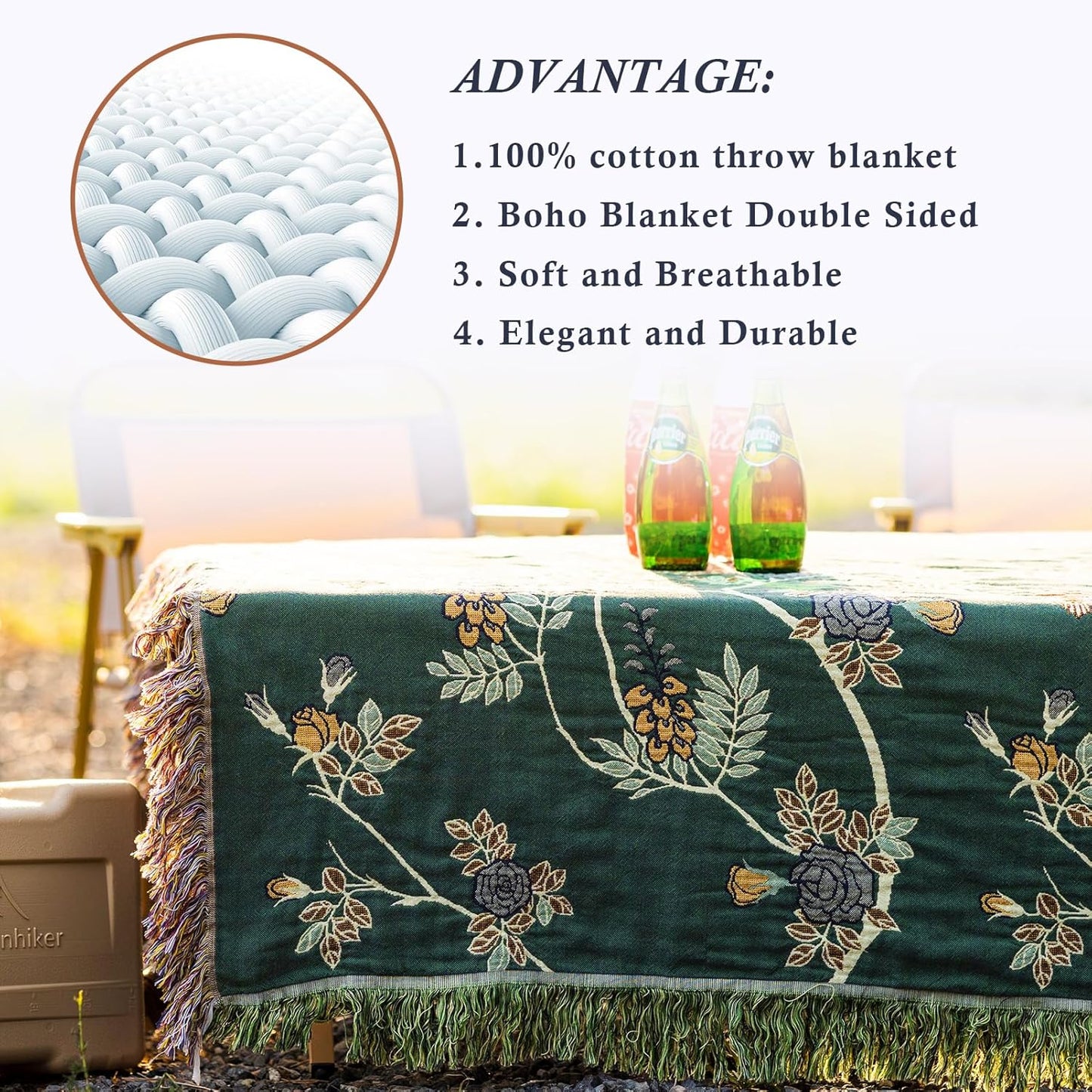 Snycler Boho Throw Blanket for Bed - 100% Cotton Ultra Soft Rustic Quilt Green Hummingbird Printed