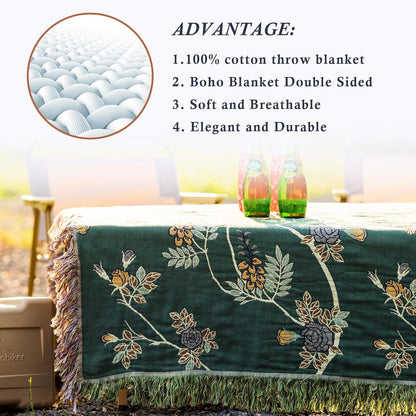 Snycler Boho Throw Blanket for Bed - 100% Cotton Ultra Soft Rustic Quilt Green Hummingbird Printed
