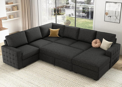 HONBAY Sectional Couch with Pull Out Bed, Sectional Sleeper Sofa with Storage, U Shape Couches for