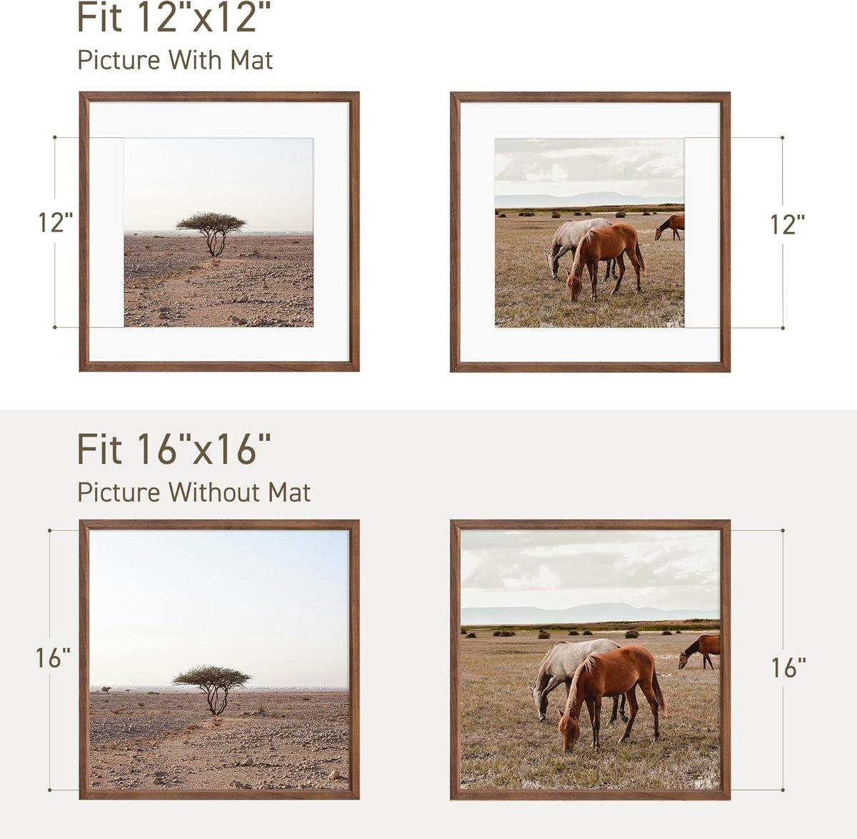 16x16 Picture Frame Natural Solid Walnut Photo Frames with 12x12 Removable Mat Wall Hanging Large