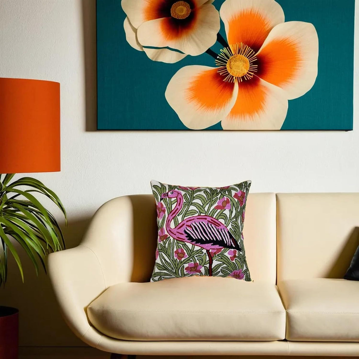William Morris Flamingo Floral Pillow Cover - Hand Embroidered Modern Flower Pillowcase, Outdoor