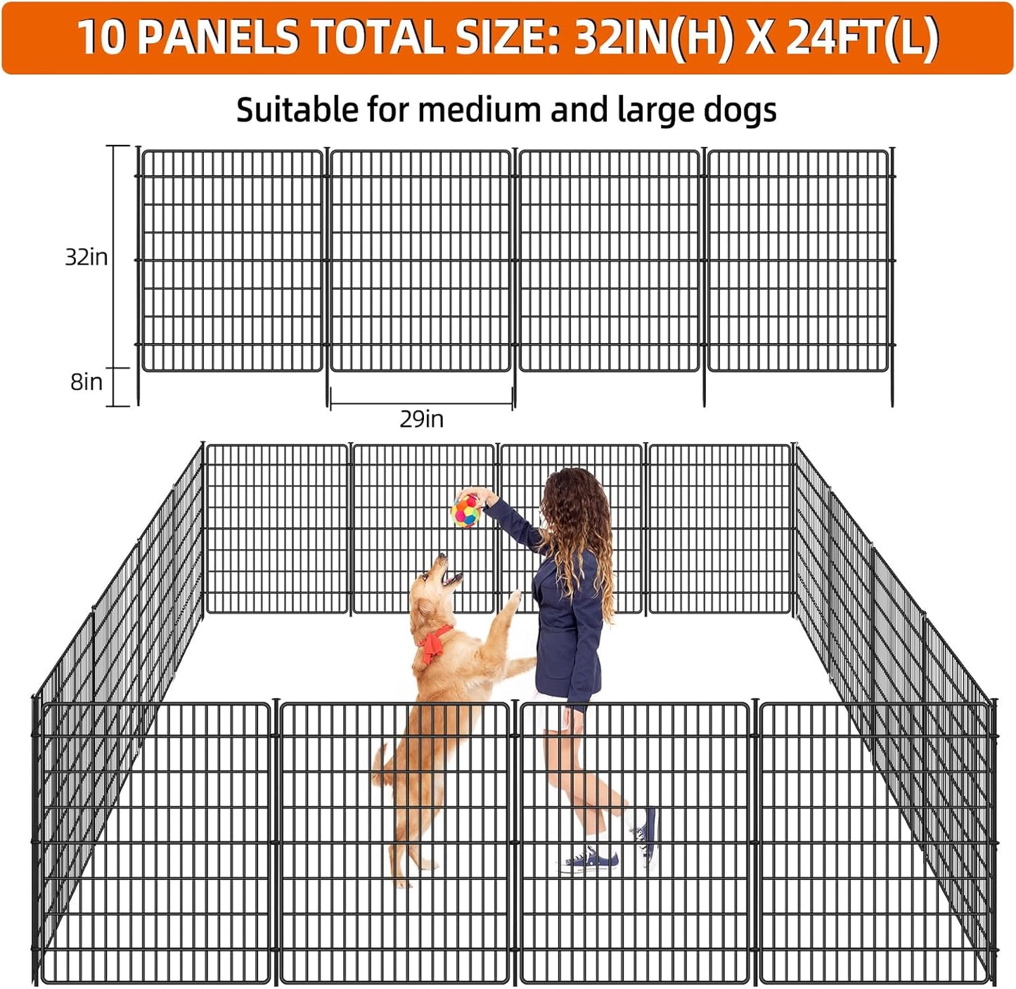 10 Panels No Dig Fence, 32 in(H) X 24 ft(L) Garden Decorative Fence Animal Barrier for Dogs