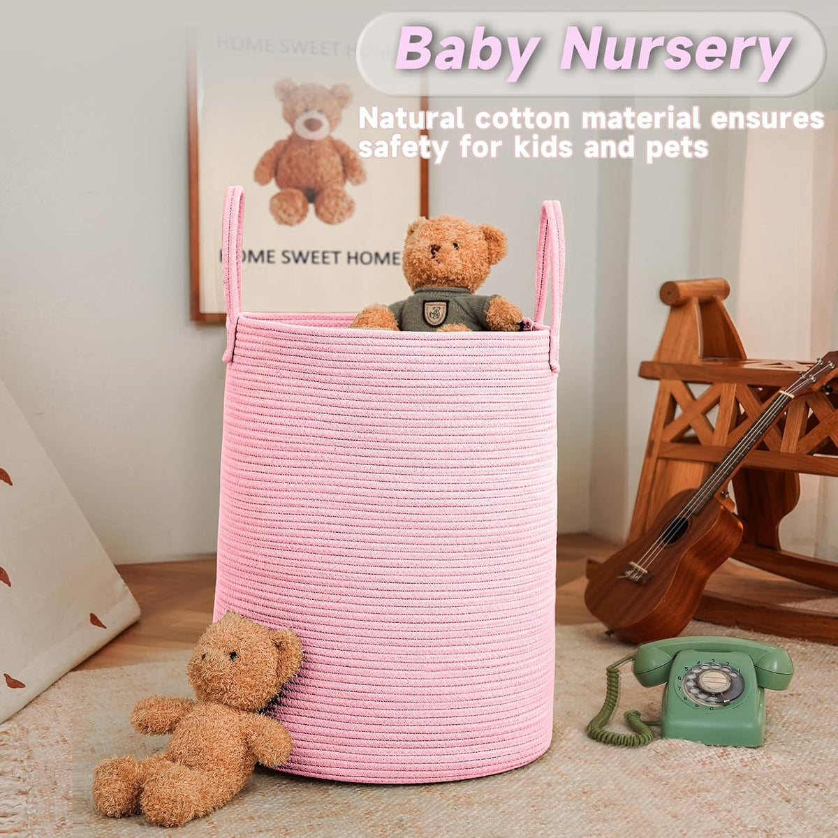 Large Woven Laundry Basket Hamper,60L Cotton Rope Storage Bin for Blankets,Toys and