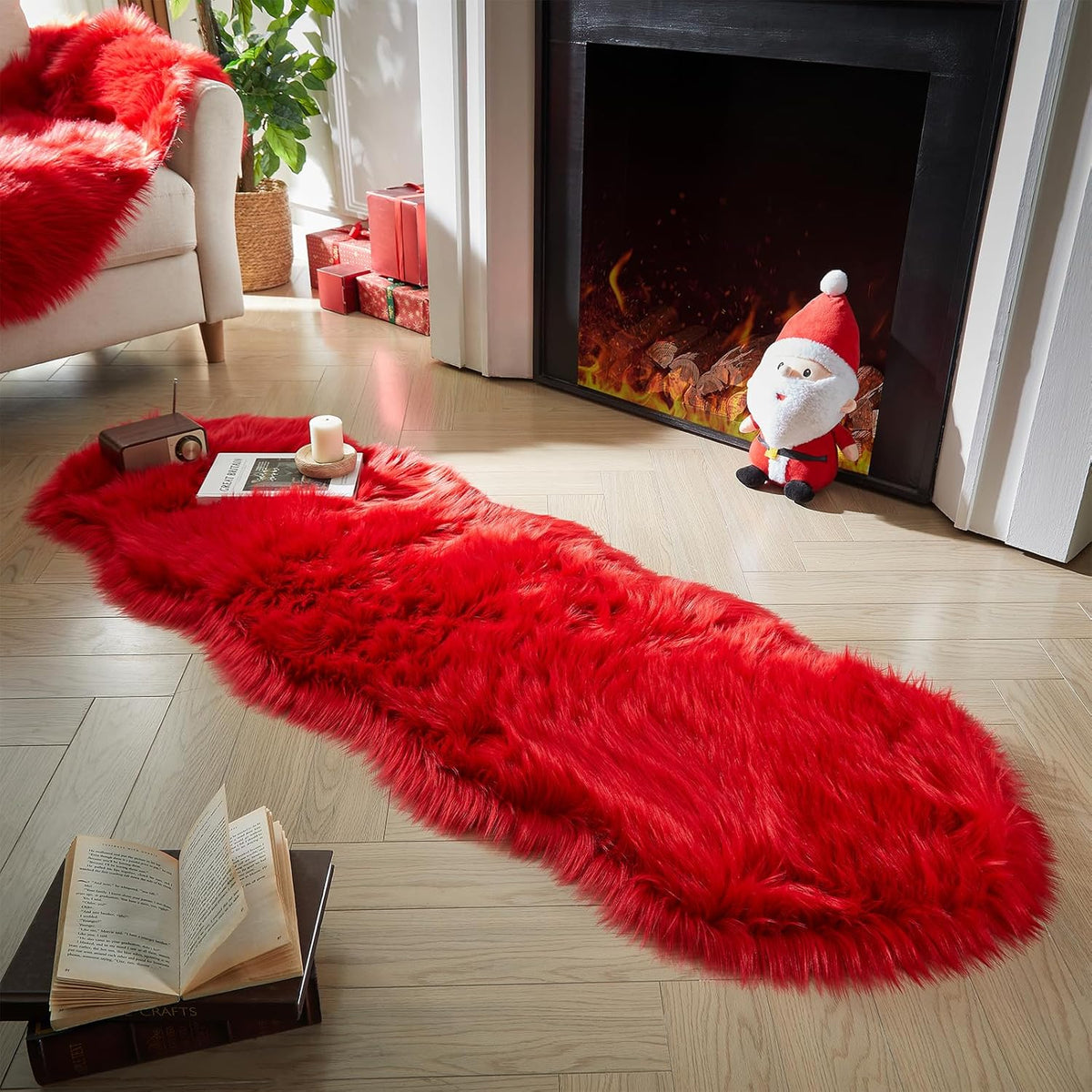 AMTOVO Faux Sheepskin Rug, Red Ultra Soft Fluffy Shag Area Rug, 2 x 6 ft Faux Fur Rug for Bedroom