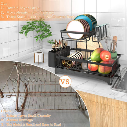 Godboat Dish Drying Rack, 2-Tier Dish Rack with Auto-Drain & Mat, Dish Racks for Kitchen Counter
