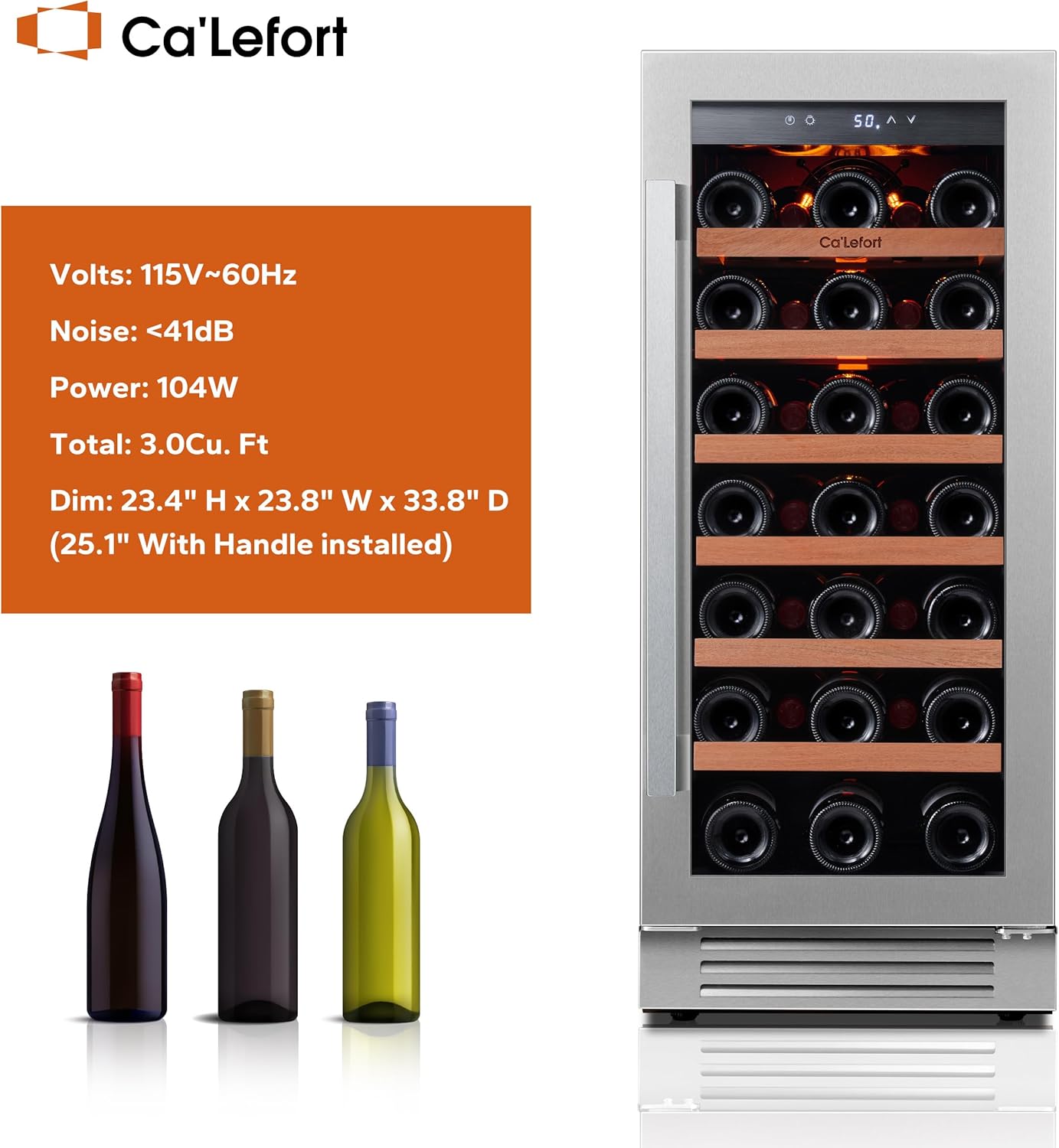 Ca'Lefort 15 Inch Wine Fridge, 33 Bottle Wine Cooler Refrigerator, 40-65°F Wine Refrigerator Glass