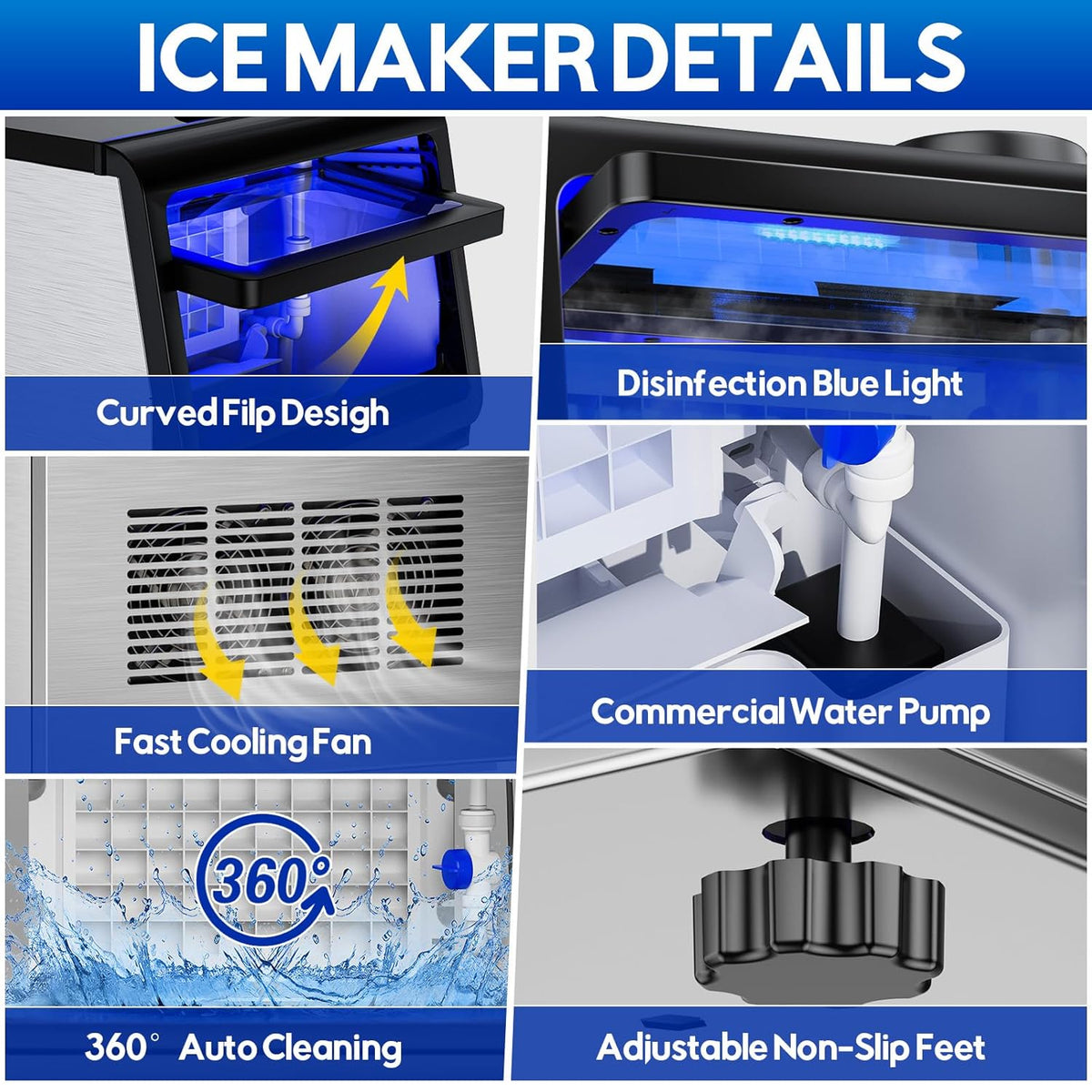 Commercial Ice Maker Machine, 110Lbs/24H, 30Lbs Storage, 36Pcs Clear Ice Cubes in 10-15Mins