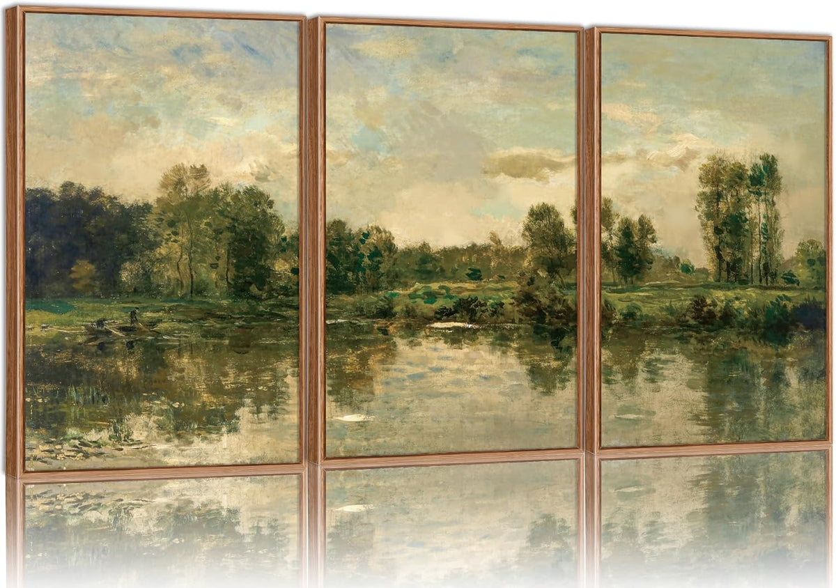 Tinonedraw Vintage Nature Framed Canvas Wall Art Set of 3, French Country Wall Decor, Olive Green