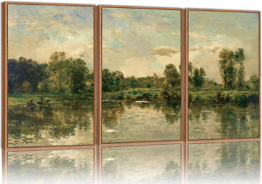 Tinonedraw Vintage Nature Framed Canvas Wall Art Set of 3, French Country Wall Decor, Olive Green