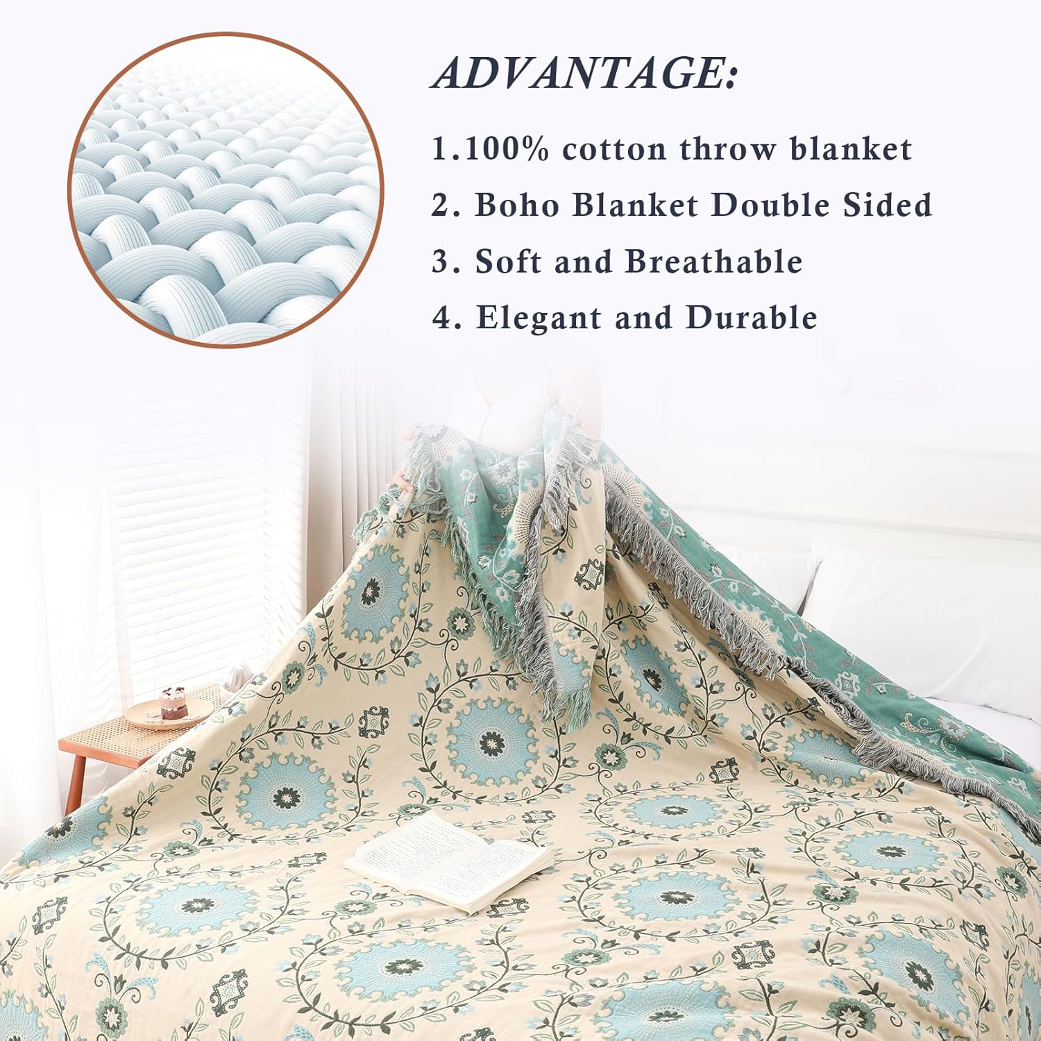 Snycler Boho Throw Blanket for Bed - 100% Cotton Ultra Soft Rustic Quilt - Blue Boho Floral Printed