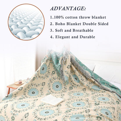 Snycler Boho Throw Blanket for Bed - 100% Cotton Ultra Soft Rustic Quilt - Blue Boho Floral Printed