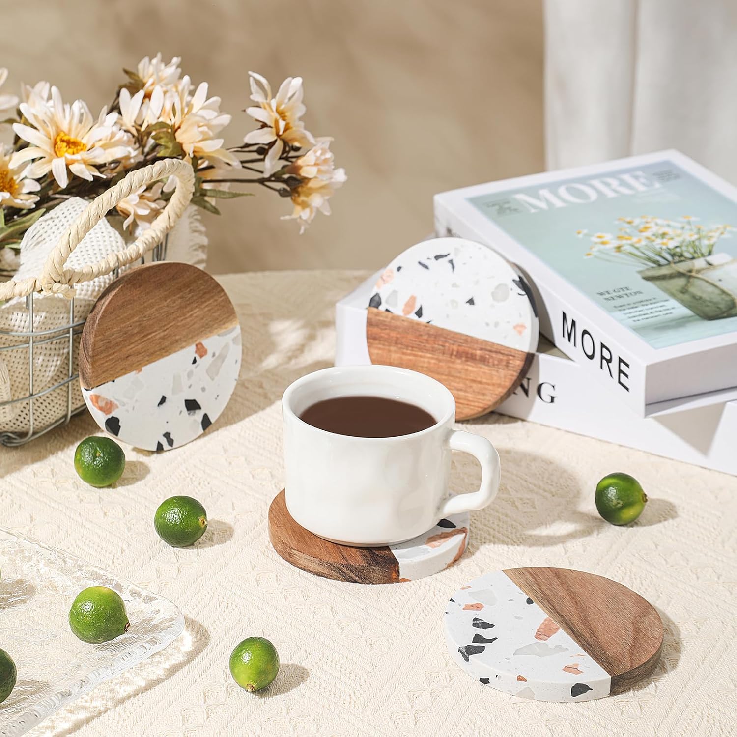 Drink Acacia Wood-Marble Coasters Set of 4,Cup Coaster for Coffee,Beverage,Cute Modern Cool