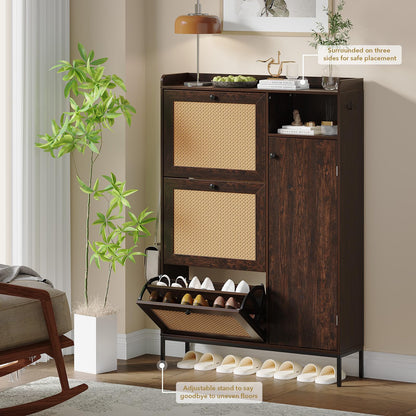 Rattan Shoe Cabinet, Shoe Cabinets with 3 Flip Drawers, Adjustable Shelves
