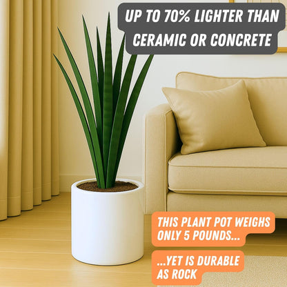 Fox & Fern 10 Inch Plant Pot with Drainage Plug — Premium Lightweight Fiberstone Glossy White